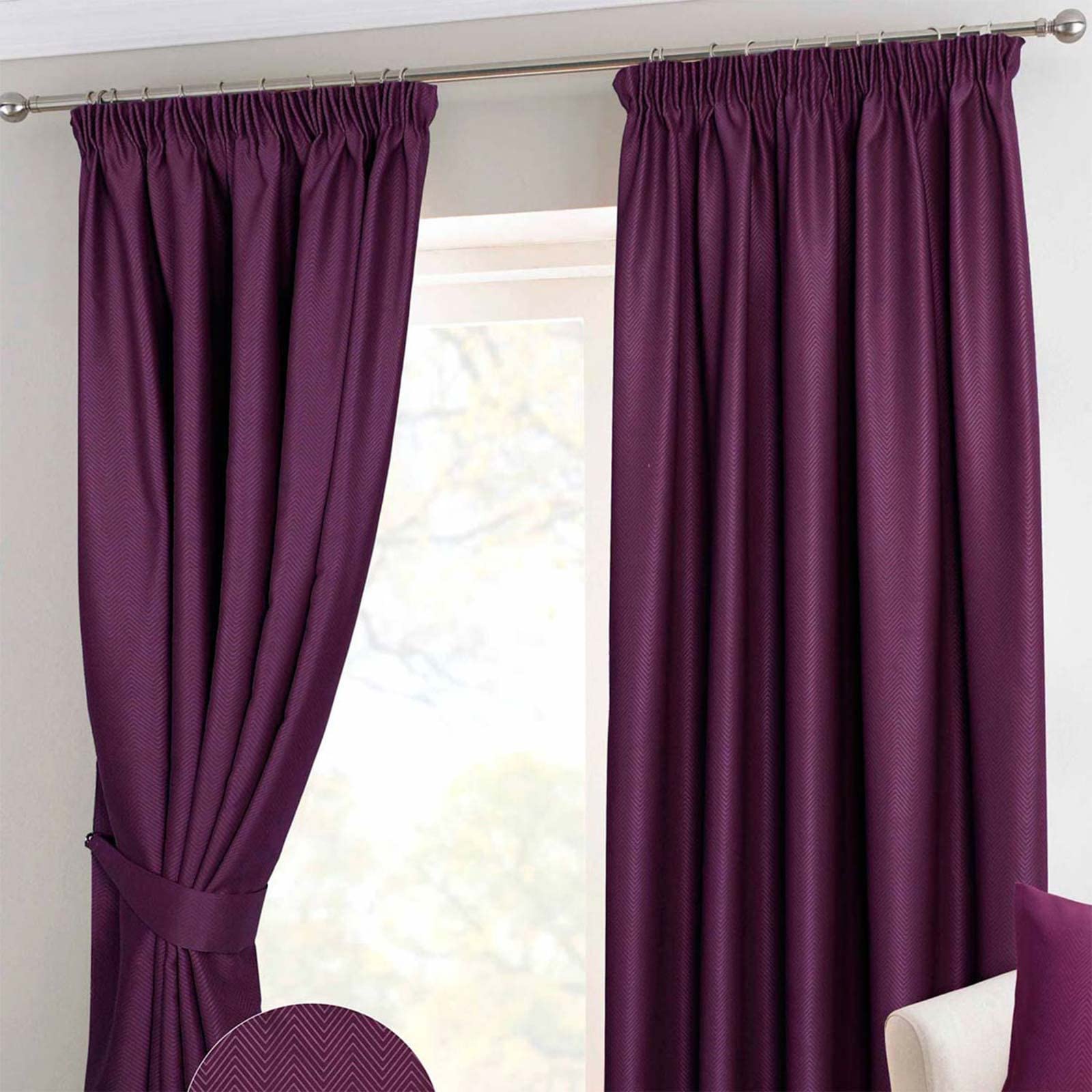 Homescapes Aubergine Pencil Pleat Blackout Thermal Curtain Pair Width 117Cm (46") X 228Cm (90") Drop Herringbone Chevron Textured Retro Geometric Design. Free Swatches.