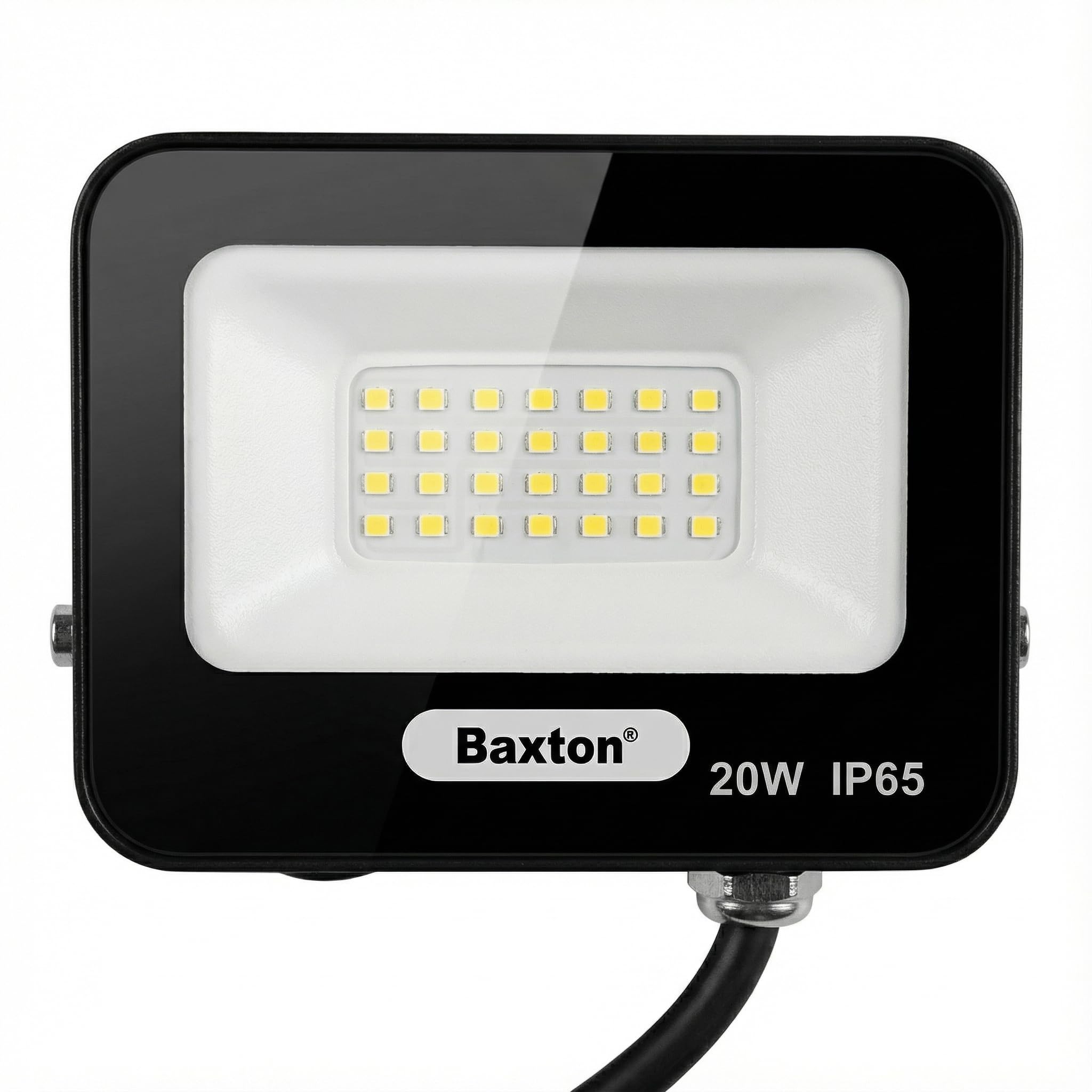 Baxton 20W LED Floodlight, 2000 Lumens, IP65 Waterproof Outdoor Security Light, 6500K Daylight White, Mains Powered for Garden, Garage & Driveway