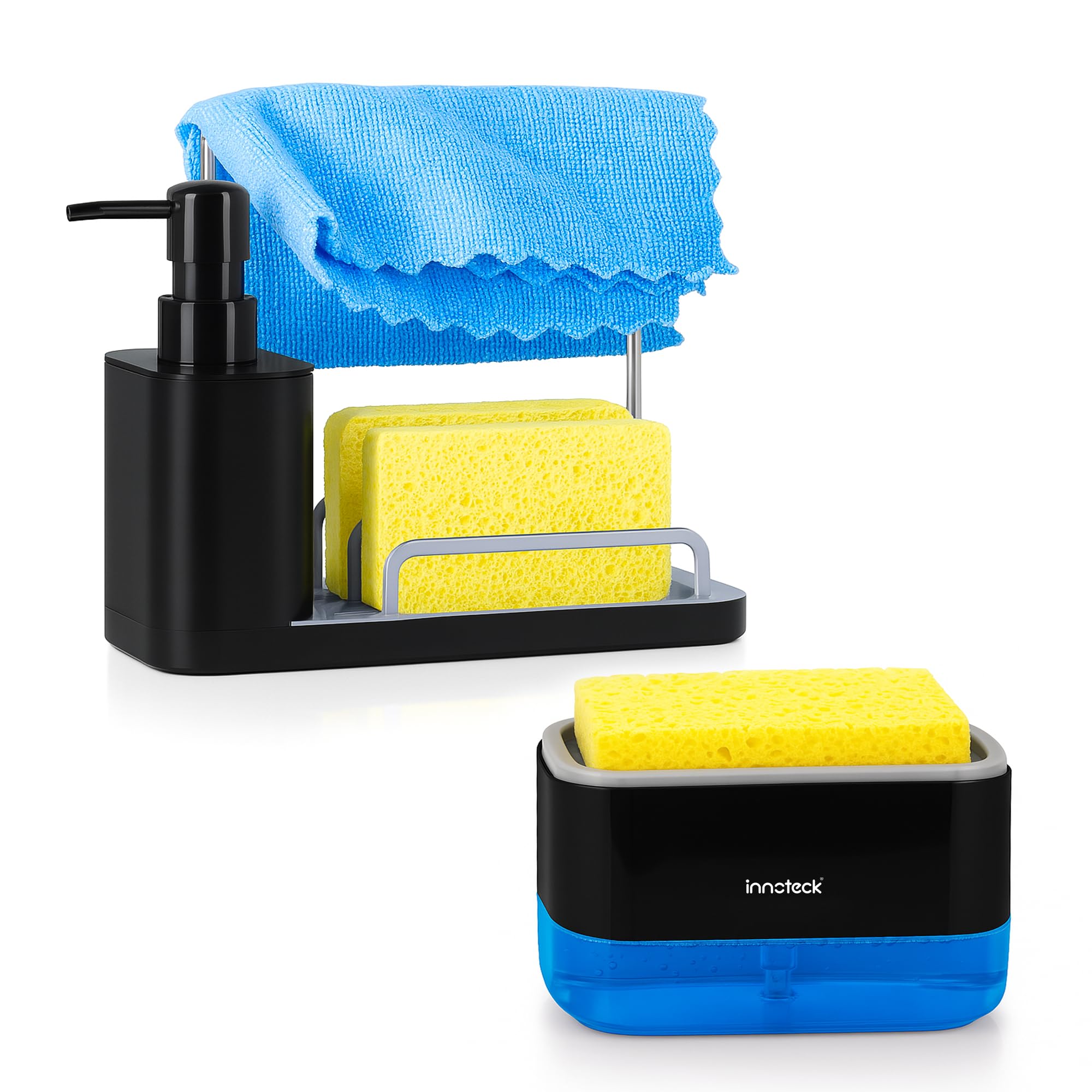 Innoteck Essentials Sink Organiser - 3 in 1 Soap Dispenser - Dish Soap & Hand Wash - Towel Rack - Black Plastic