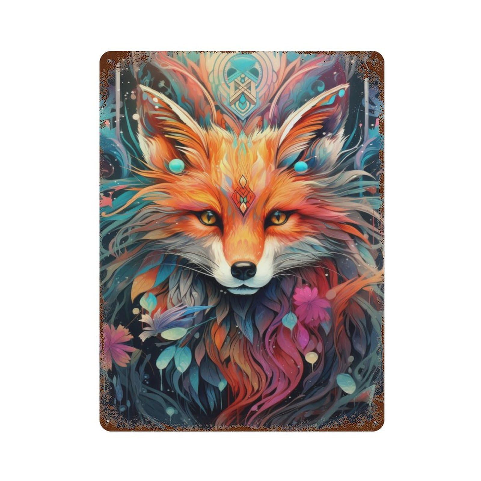 Aged Metal Wall Plaque with Red Fox Potrait Abstract Design 15.7"x11.8", for Basement, Hobby Room And Garage Decor, Farmhouse Wall Decor