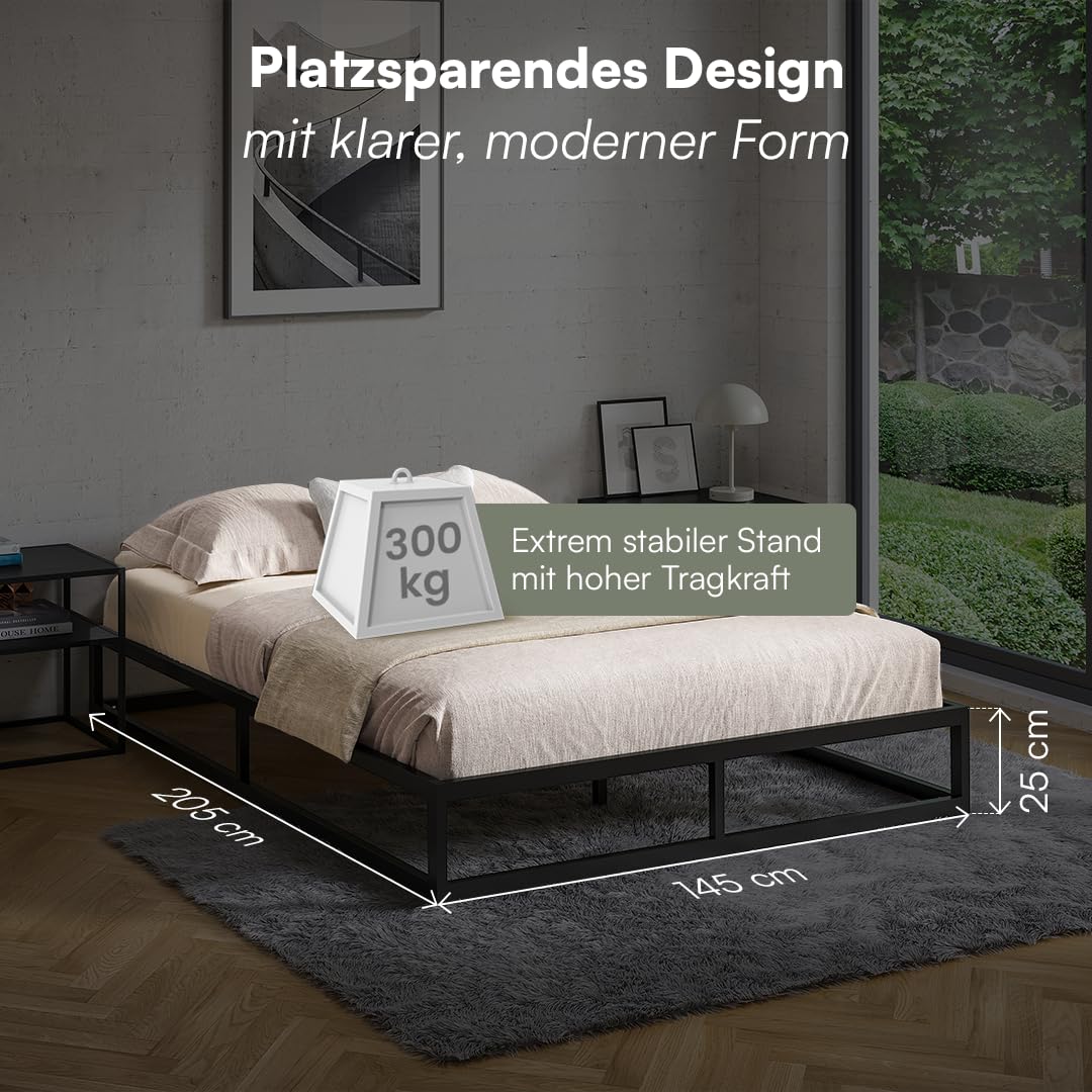 skølm Bragi Metallbett 140x200 cm – Bett aus Metall mit Lattenrost – stabiles Metall Bettgestell Schwarz – Bettrahmen geeignet als Doppelbett – Doppelbettgestell 25 cm hoch – Gästebett mit Stauraum