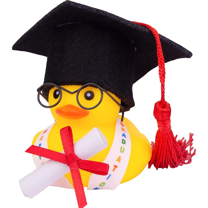 Enfeite de Pato de Borracha para Painel do Carro com Chapéu de Formatura, Faixa e Óculos CoFuBcad G22-red-g-graduation Paper