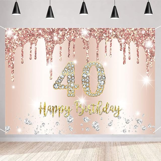 Happy 40th Birthday Party Decoration Backdrop Banner for Women Happy 40 Years Old Fabric Sign Poster, Glitter Rosegold Photo Background 40th Birthday Decorations Party Supplies, 150x90cm