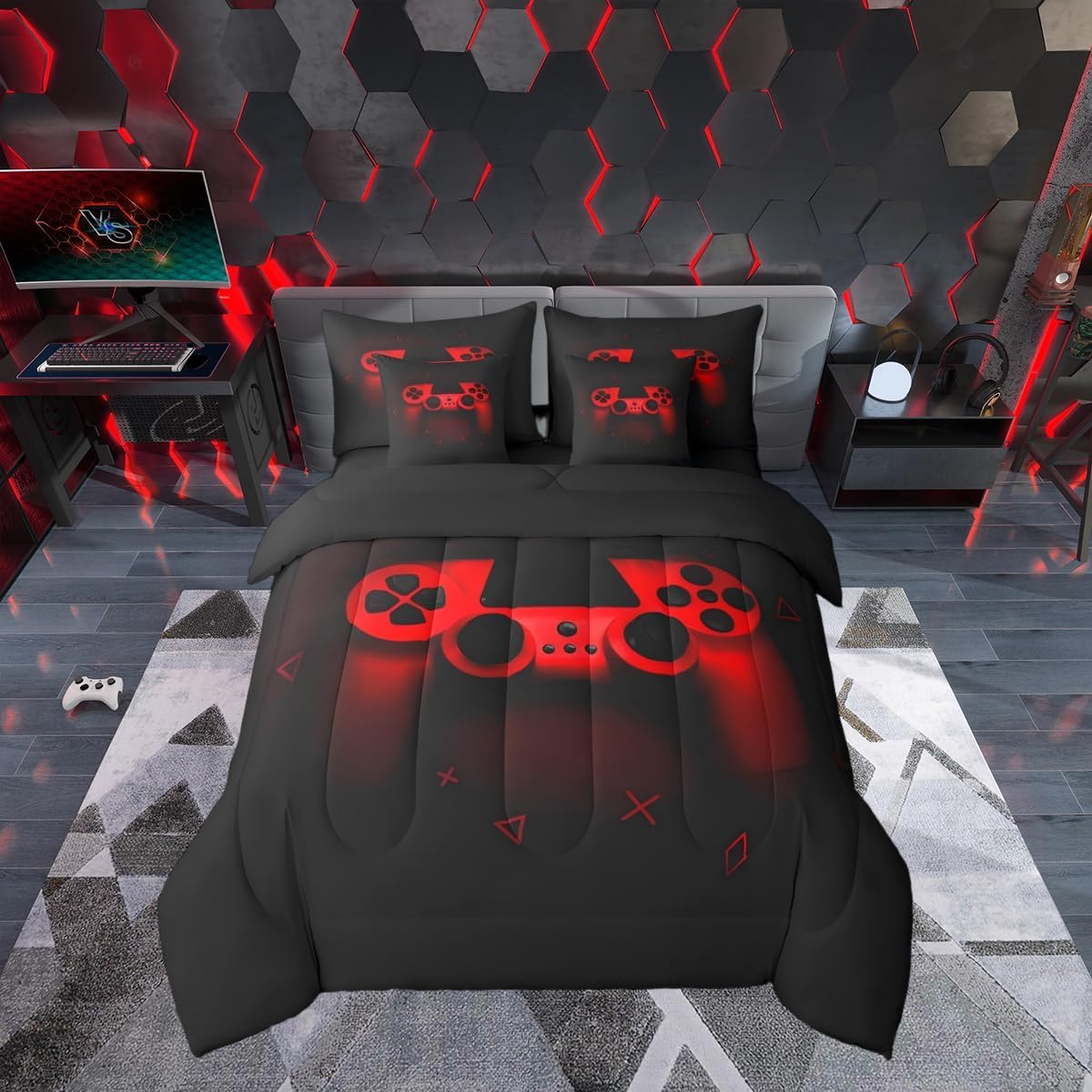 Erosebridal 7 Piece Gaming Queen Comforter Set Bed in A Bag for Boys Gamer Sheet Set for Girls Kids Teens Video Game Comforter Set, Red Gamepad Gamer Room Decorative with Pillowcases,Cushion Cases