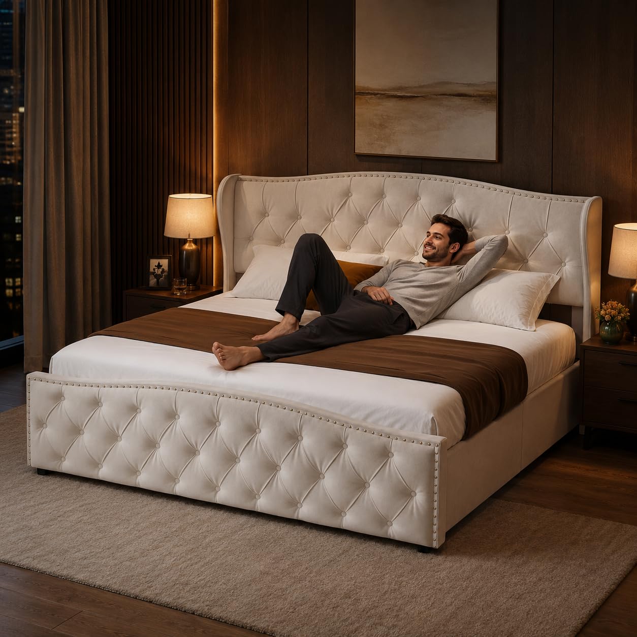 Letto Matrimoniale Imbottito 160 x 200 cm, Sistema di Vano Contenitore Idraulico, Doghe in Legno, Funzionale, Bianco Crema
