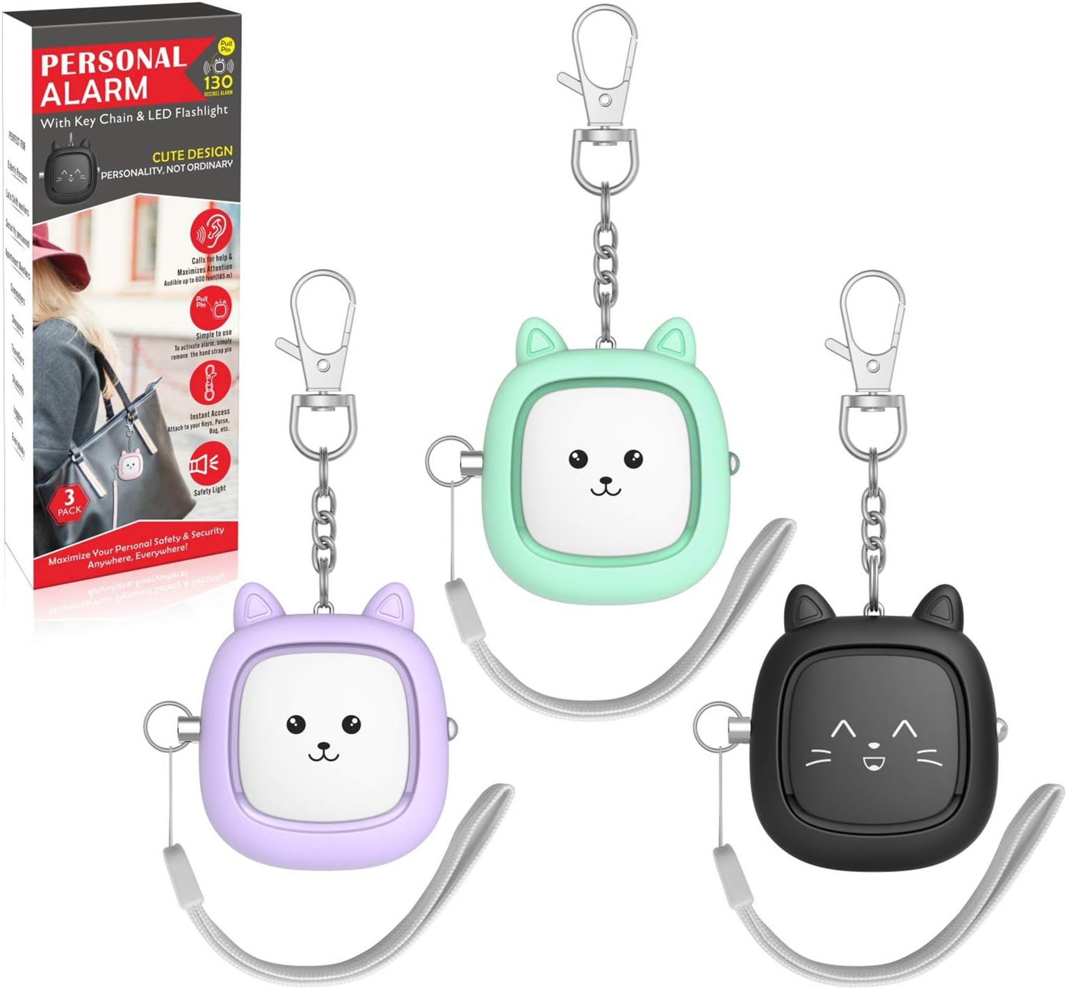 Personal Safety Alarm, VIGOROAD 3 Pack Loud 130dB Siren Emergency Panic Alarm with LED Light, Easy Pull Pin Keychain Self-Defense Security Alarm for Women, Seniors, Kids