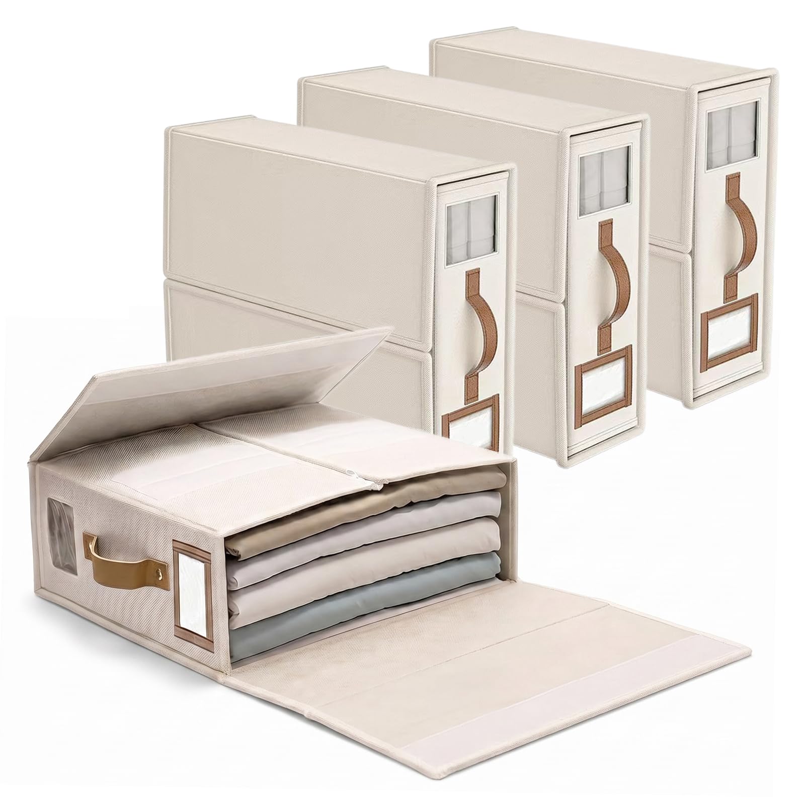 Organizador de ropa de cama de lino beige con ventana y etiqueta paquete de 3 piezas