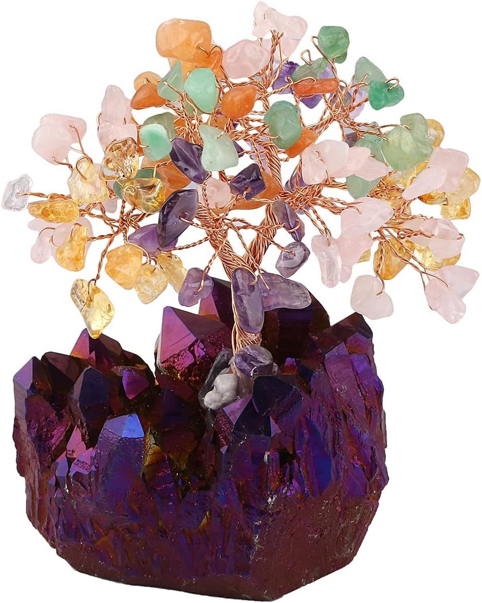 mookaitedecor Colorful Crystal Tree, Quartz Cluster Purple Titanium Crystals Base Bonsai Money Tree for Wealth and Luck
