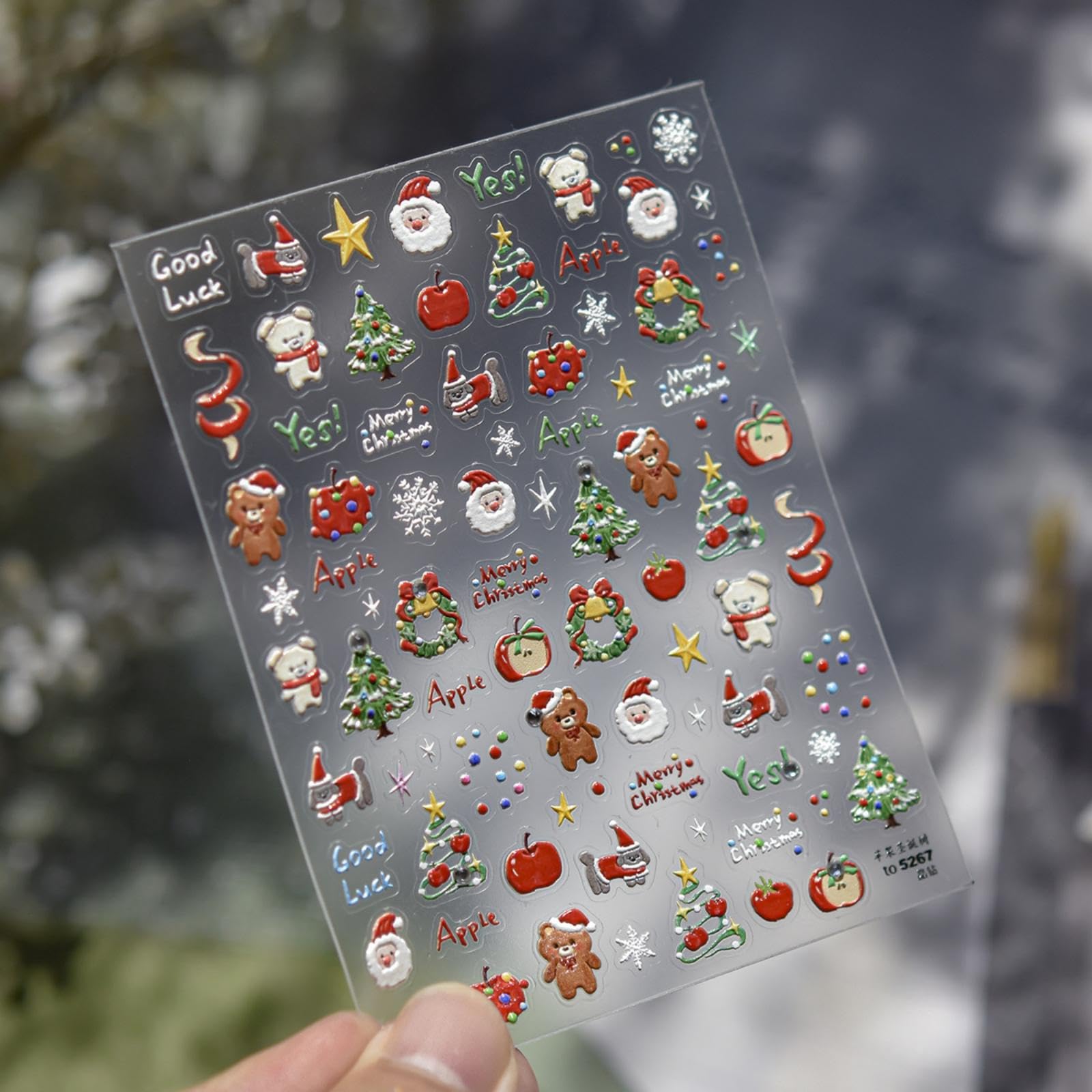 Christmas Nail Stickers Decals Bear Nail Stickers for Nails Art Xmas Tree Nail Decals 5D Embossed Self Adhesive with Design Apple Nails Art Decals for Women Girls Kid Manicure DIY Decoration