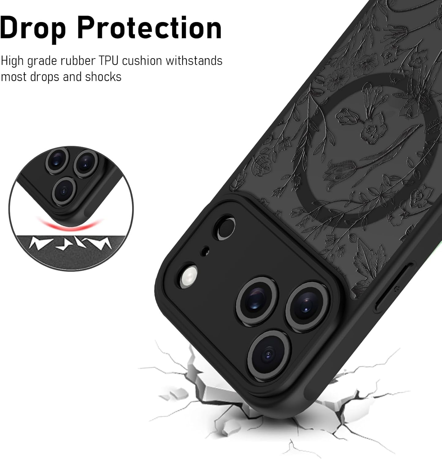 AIGOMARA Magnetic for iPhone 17 Pro Case, Compatible with Magsafe Cute Black Sage Flower Floral Pattern Screen Protector Camera Protection Matte Translucent Phone Case for Women Girls - Image 4