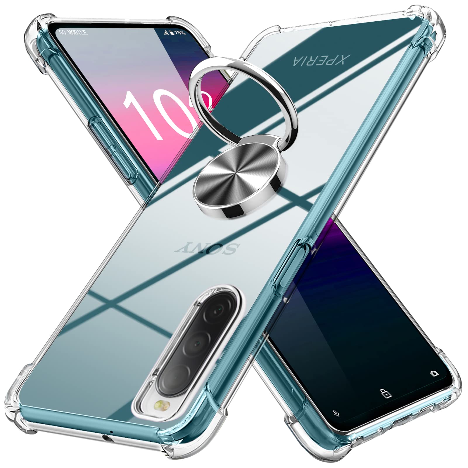 Xperia 10 II 用 ケース リング 透明 TPU グラデーション色 SOV43 SO-41A 用 ケース 耐衝撃 ソニー エクスペリア 10 II 用 カバー クリア 車載ホルダー対応 一体型 落下防止 防塵 変形防止 全面保護 ソニー 用 カバー 透明 MD-JBZH-05-04