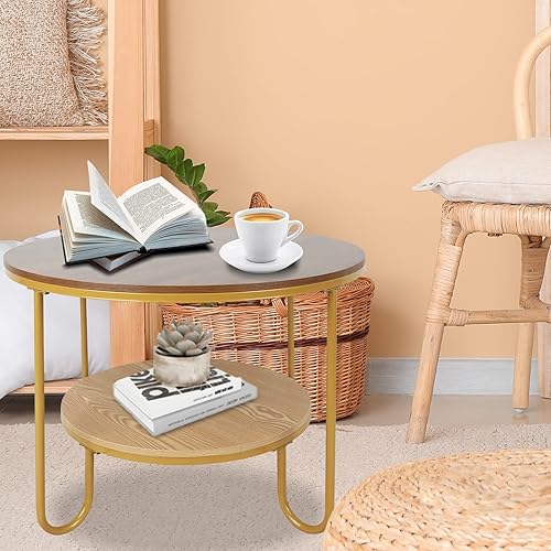 Miniatura 8 de NO MORE TAG Mesa de madera impermeable con textura de acabado de madera y marco de acero dorado, rústica redonda de olmo viejo apartamento, mesa