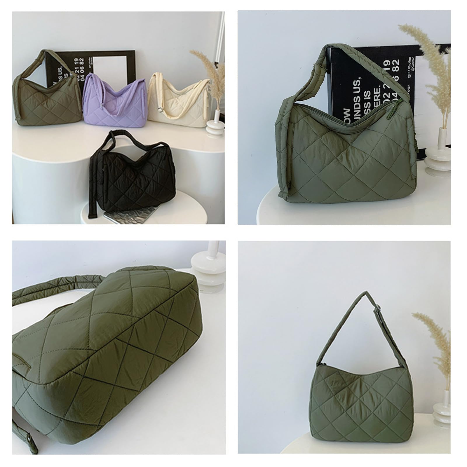 Bolso Acolchado para Mujer Nylon Bandolera Ligero Elegante Gran Capacidad Tote para Trabajo Viajes Compras Negro