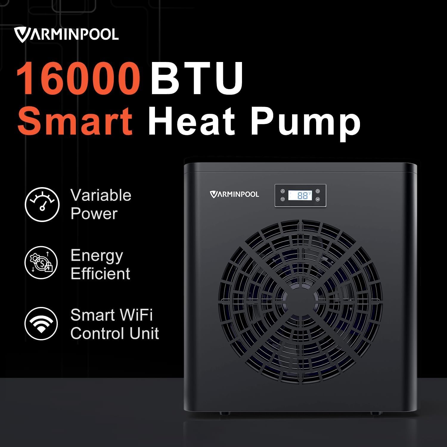 VARMINPOOL 16000BTU Pool Heat Pump for Above Ground Pools, Electric Pool Heater for 5400 Gallons, WiFi Control, Energy-Saving Smart Inverter, Titanium Heat Exchanger, 110V