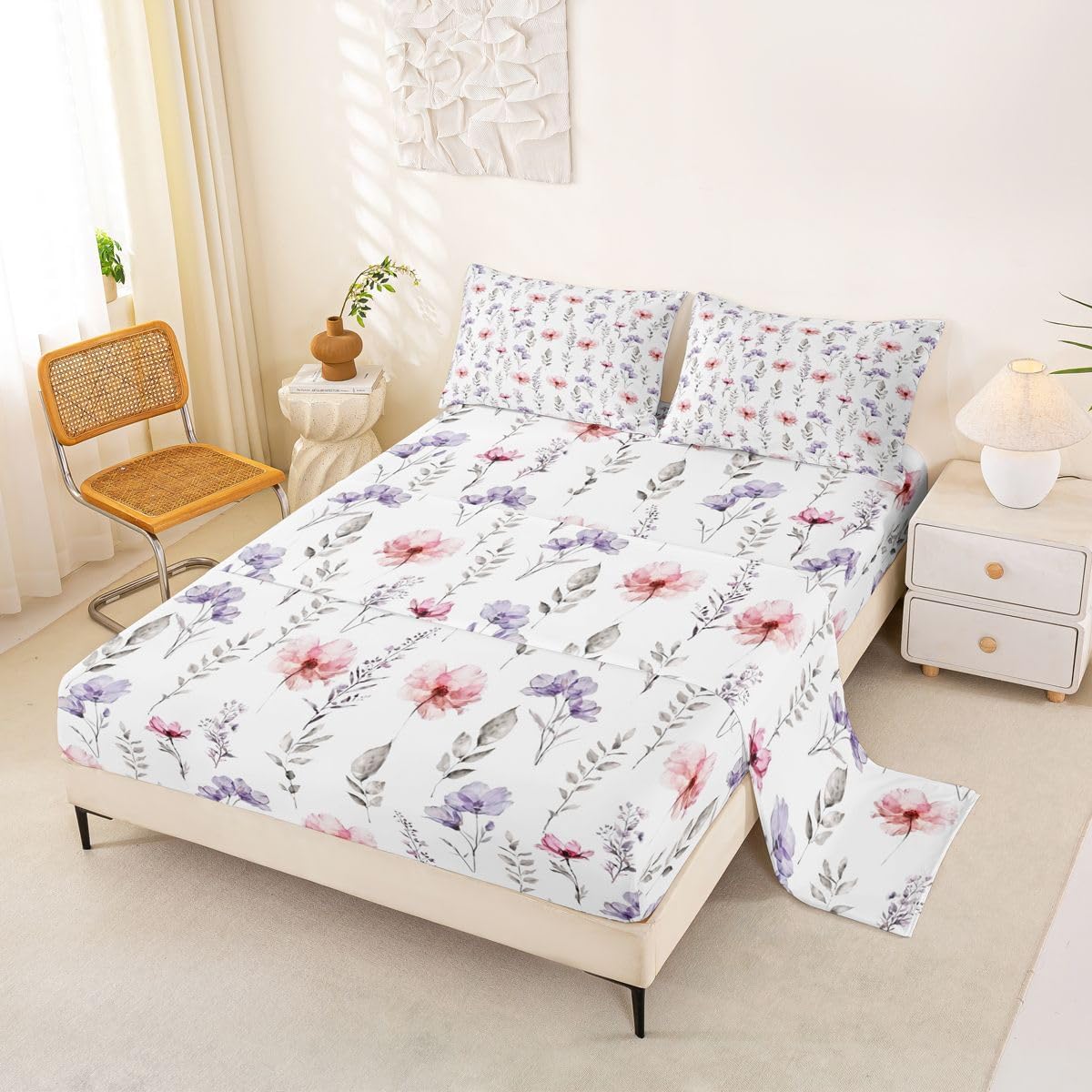 Erosebridal Baby Floral Bed Sheets Full Size Pink Purple Flower Flat Fitted Sheet for Kids Girls Cute Botanical Leaves Sheet Set Elegant Garden Aesthetic Sheets 4 Piece