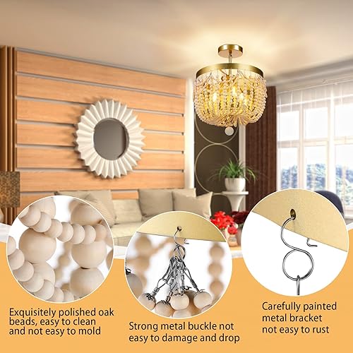 Miniatura 3 de Candelabro de 3 luces de madera clara con acabado de roble, semiempotrado, estilo bohemio, lámpara de techo rústica para cocina, cuarto de bebé,