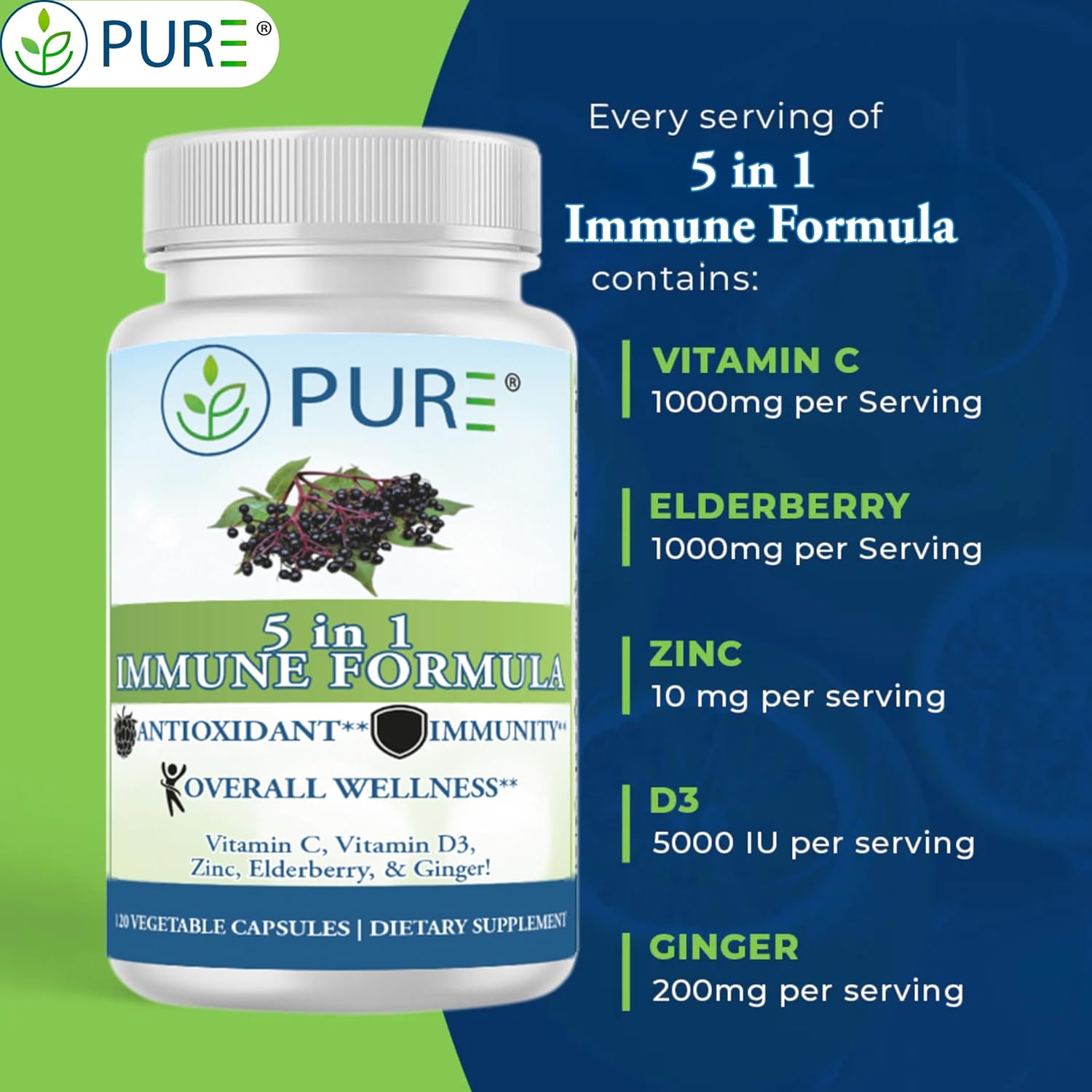PURE® 5 in 1 Immune Formula - 120 Capsules - Elderberry 1000mg, Vitamin C 1000mg, D3 5000 IU, Zinc & Ginger - All-in-One Seasonal Defense Shield - High Potency Antioxidant Stack - Made in USA - Image 4