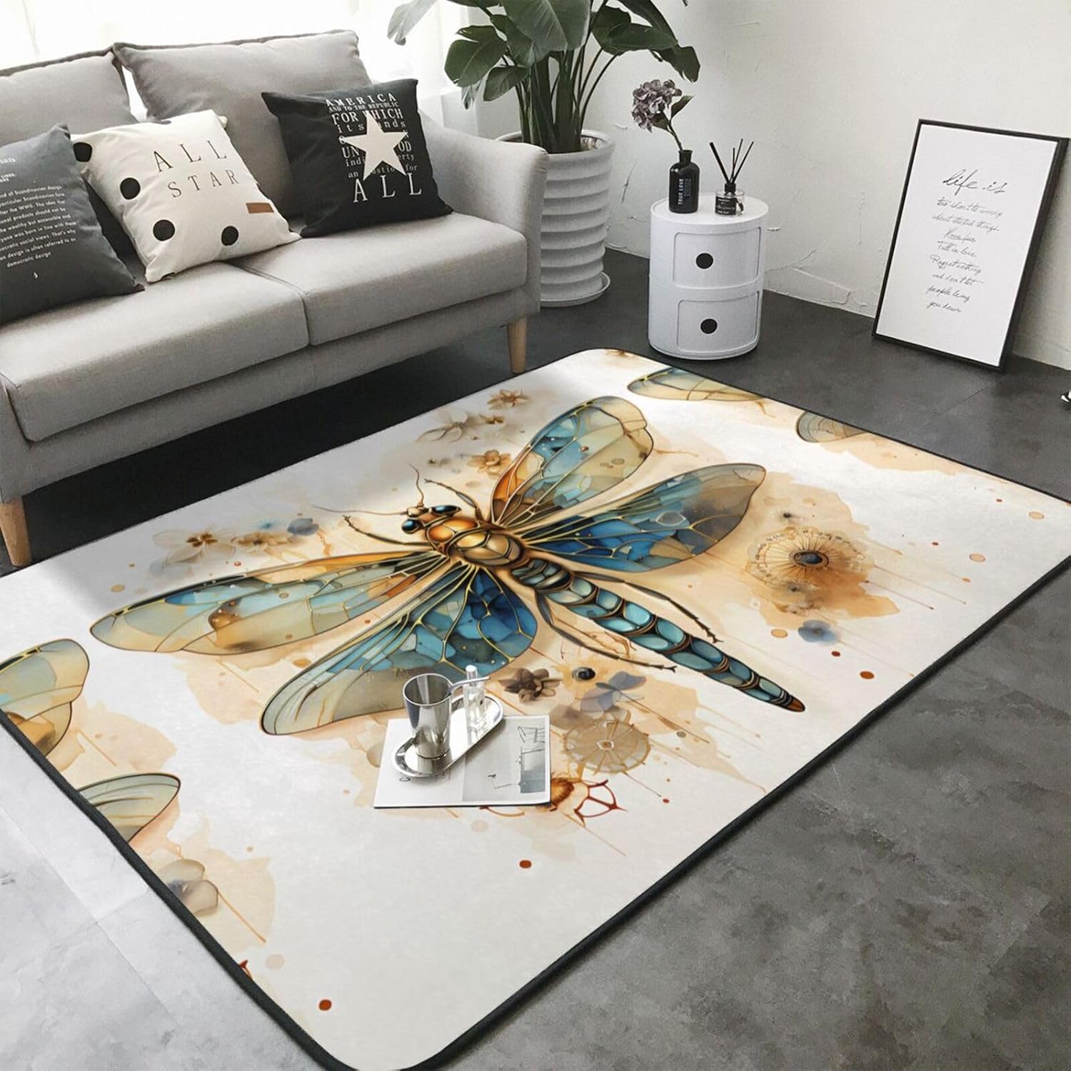 Golden Delicate Dragonfly on Yellow Background Printed Floor mat 80x58 inches, Non-Slip Decorative Carpet for Bedroom and Living Room