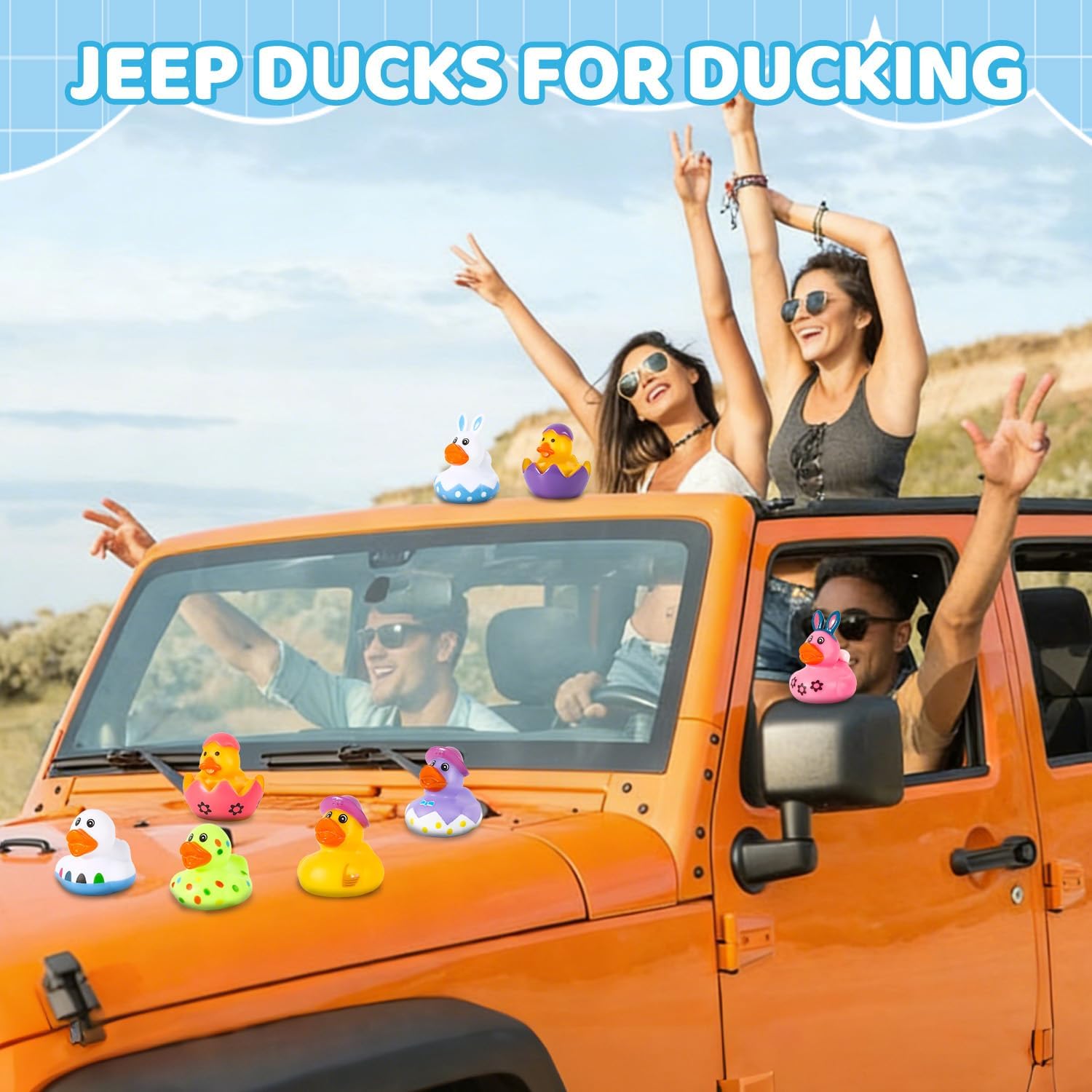24 Pack Rubber Ducks Jeep Ducking with a Bag- 2" Easter Assortment Duckies for Jeep Duck Easter Themed Cruise Duck for Pool, Party Favors, Birthday Gifts, Classroom Incentives, Kids Water Bath Toys