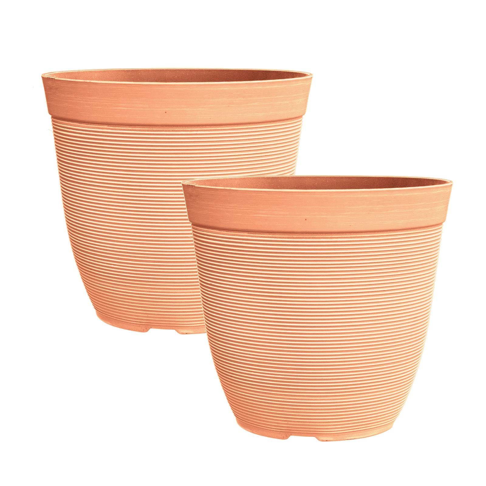 Simpa Terracotta Rustic Ridge Plastic Planter Pots - Set Of 2 Pots - 28Cm (H) X 30Cm Diameter