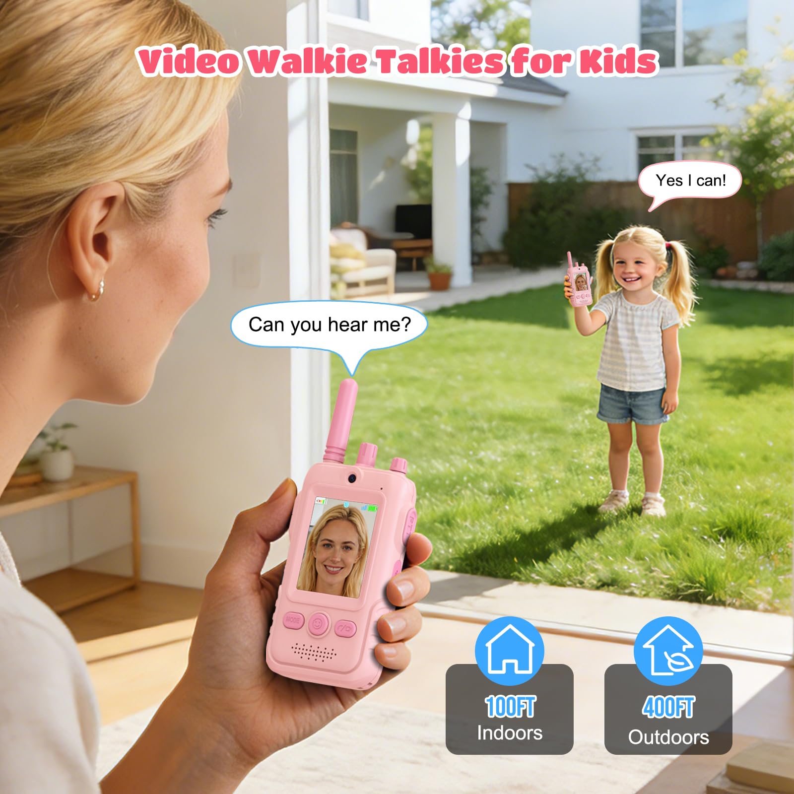 Walkie Talkie para Niños(Set de 2),Walkie Talkies Recargables con Videollamada,Largo Alcance de 400 m, Clip para Cinturón y Linterna LED,Juguete Regalo de Cumpleaños para Niños y Niñas de 3 a 12 Años