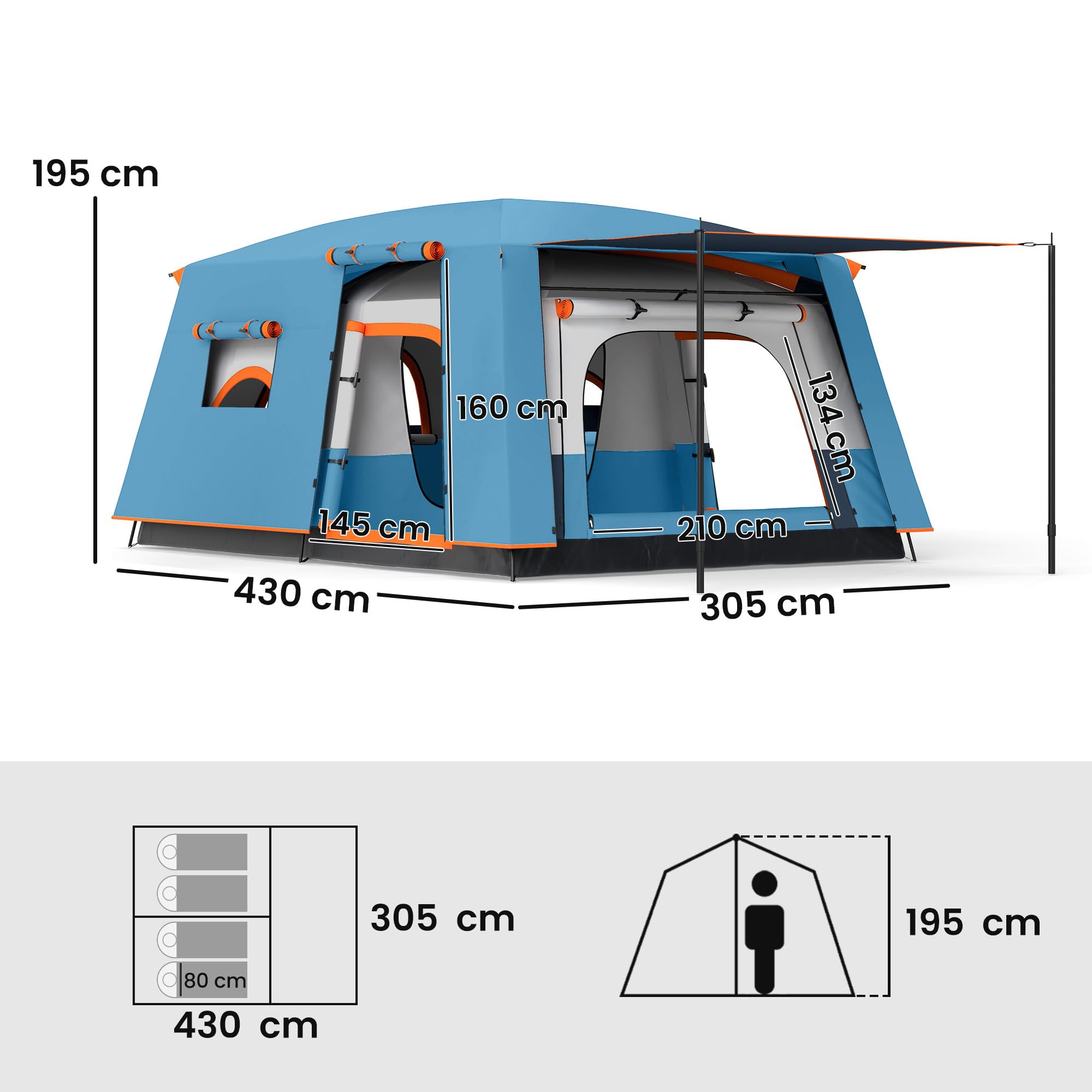 Outsunny Tente de camping familiale 4-5 personas, tente túnel imperméable, portes + fenêtres, ventilée, sac de transporte inclus, facile à monter, 4,3 x 3 x 1,95 m, bleu