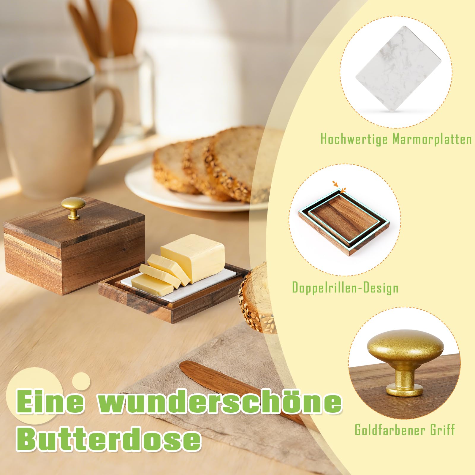 Butterdose aus Akazienholz mit Marmorplatte – Für 250g streichzarte Butter | Holz Butterschale zur idealen Aufbewahrung | Butterglocke