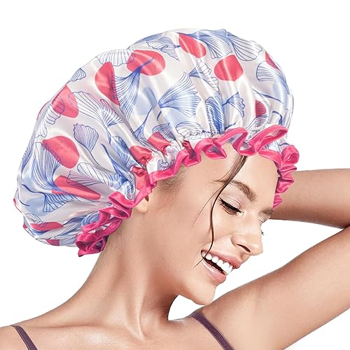Aquior Gorro de ducha reutilizable para mujer, doble capa impermeable, de microfibra, tamaño grande para todas las longitudes de cabello, para