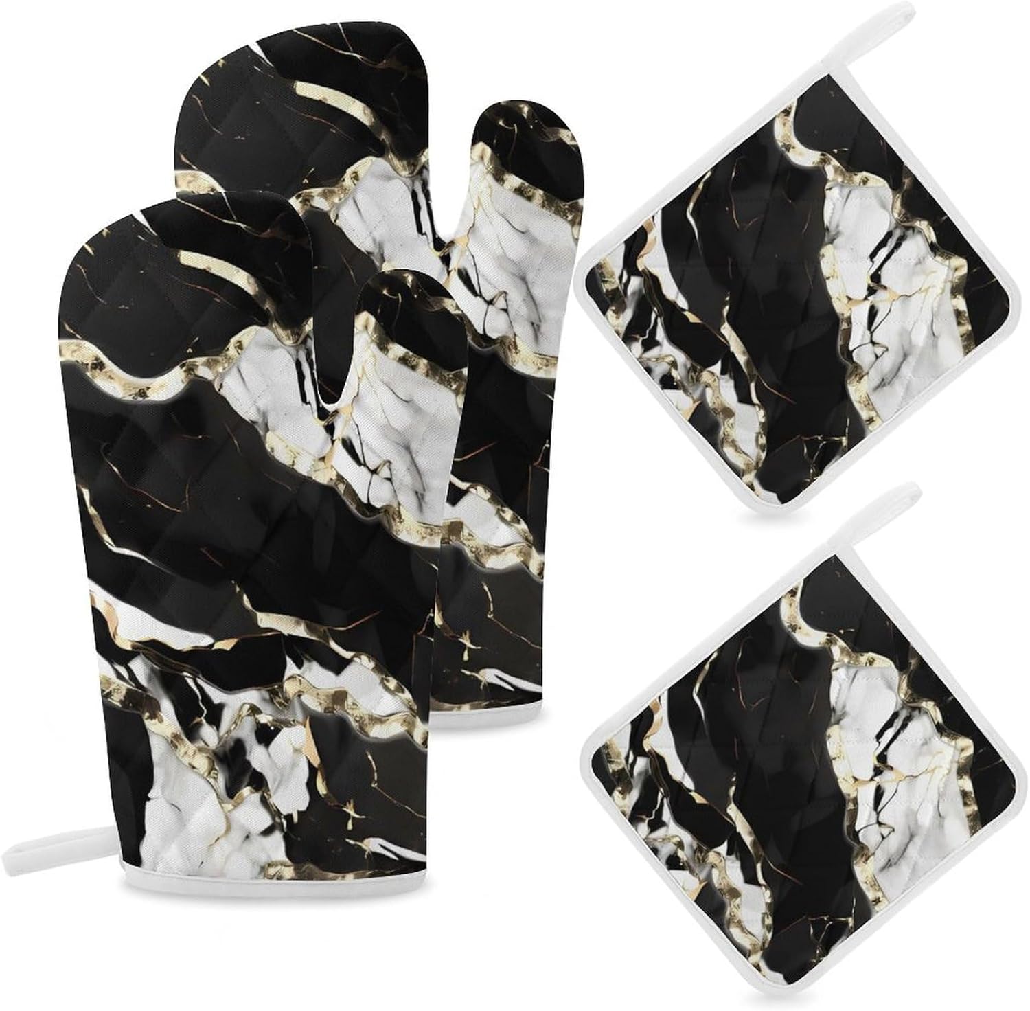 Oven Mitts Pot Holders Kitchen Black and White Marble Texture Heat Resistant Oven Glove for Baking and Cooking