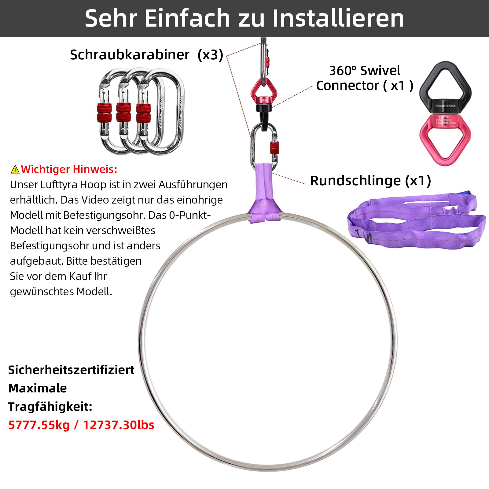 PRIOR FITNESS Kit de cerceau aérien Lyra Hoop de qualité supérieure 85 cm/90 cm/95 cm, entièrement testé 200 kg/500 lbs, anneau de danse aérienne sans point, pour yoga, acrobatices, gymnastique