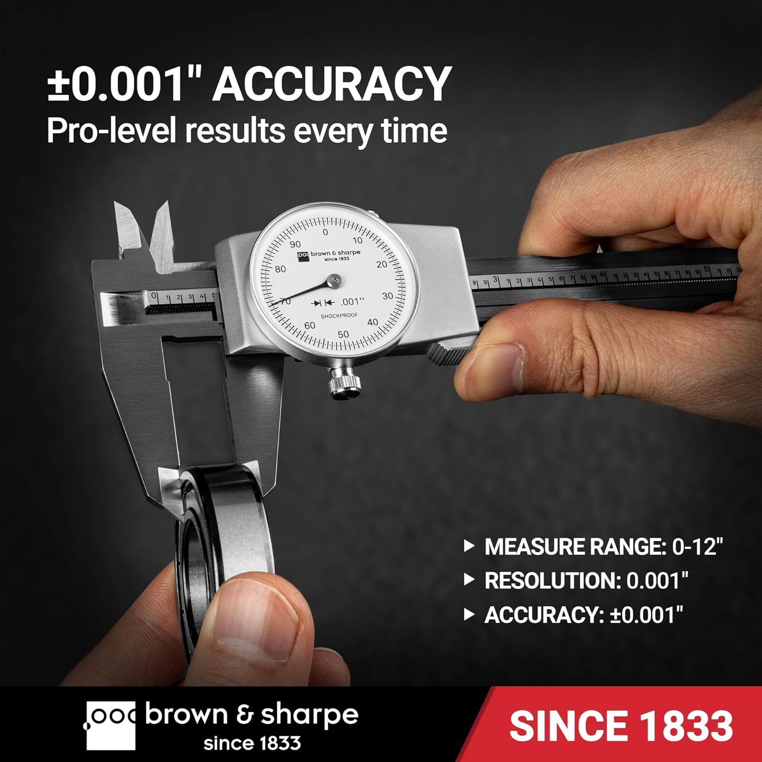 Brown & Sharpe 12-Inch Dial Caliper, Precision Measuring Tool with White High-Contrast Dial,Shock-Protected Stainless Steel Construction, Smooth Slider and Lockting Screw, for Machining & Inspection