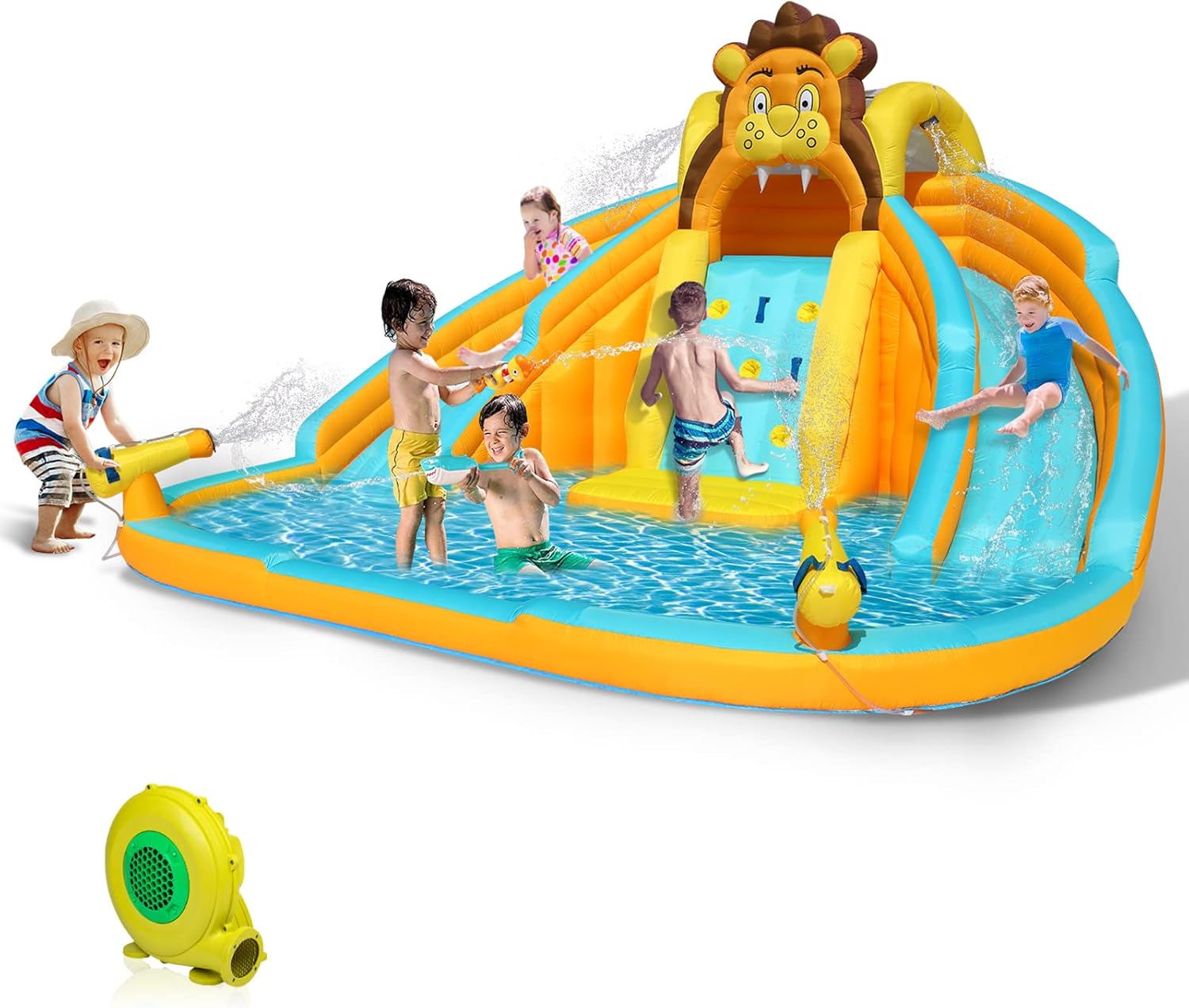 شراءJOYMOR Inflatable Water Park Double Slide ، الأسد Themed Long Kids