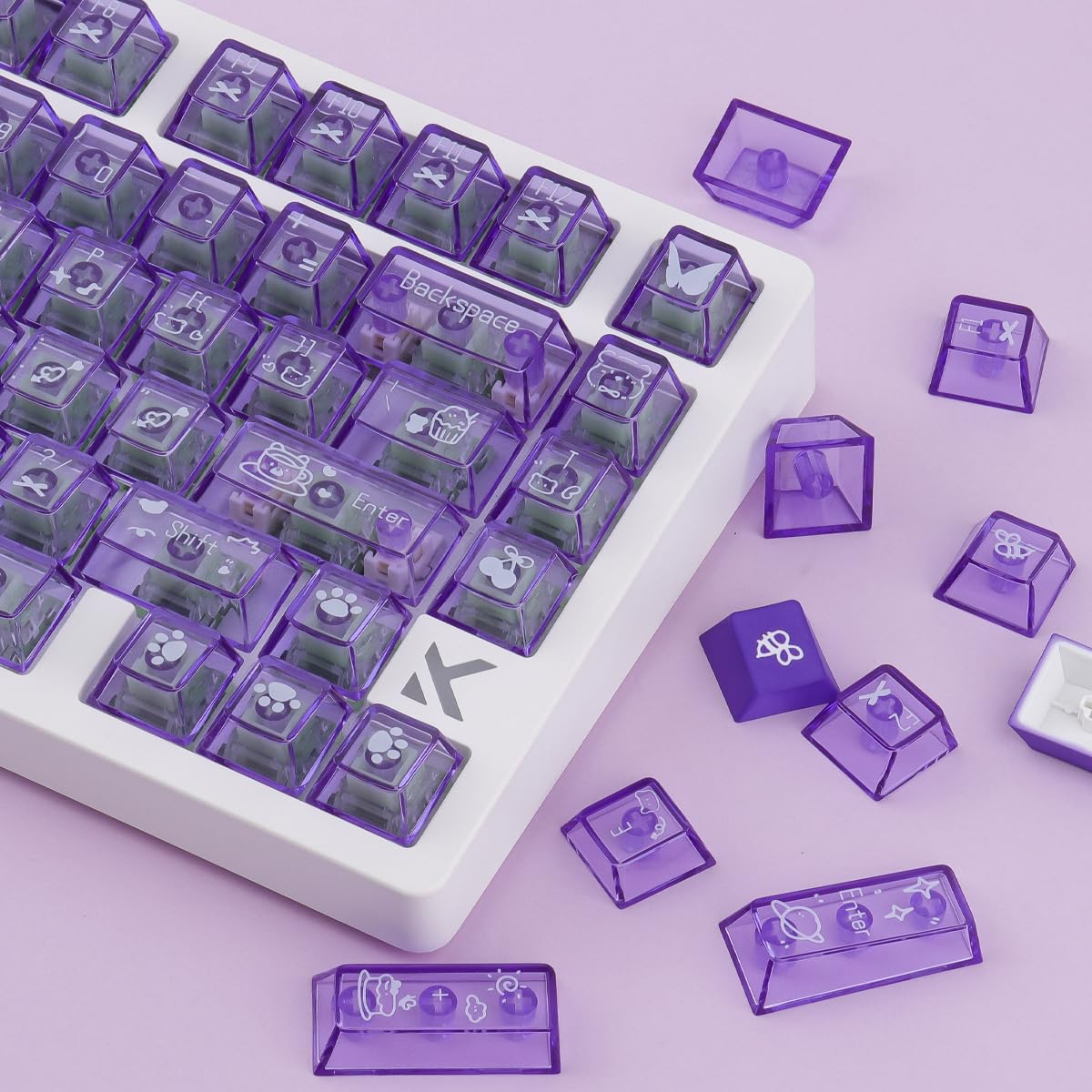 PBT Keycaps + Clear PC Through Keycaps, 150 klawiszy Purple Jelly Cute Pudding Keycap, Double Shot Shine Through Cherry Profile Keycap for Cherry MX Switch ANSI & ISO Layout Mechanical Keyboards