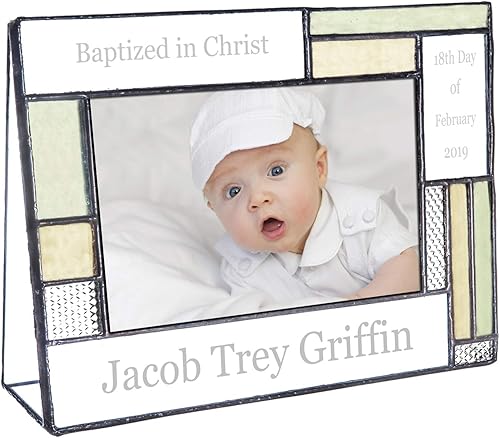 Regalos de bautismo para niñas o niños, marco de fotos personalizado, vidrio grabado personalizado, 4 x 6, foto horizontal, verde y amarillo