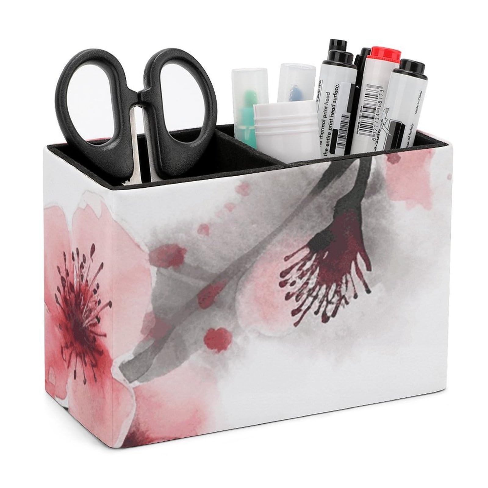 JTREHY Asian Watercolor Pink Cherry Florals Pencil Holder Exquisite Fashion Leather Pen Receptacle Soft High-End Pen Container for Office Home Accessories Or Housewarming Present