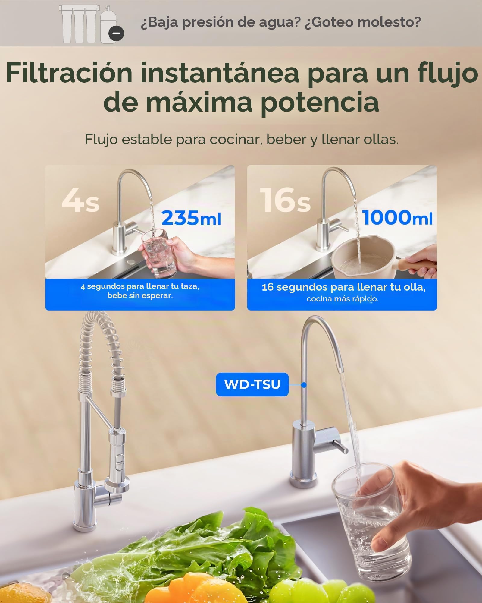 Waterdrop TSU 0,01 μm Sistema de Filtro de Agua Debajo del Fregadero de Ultrafiltración, Alta Capacidad de 3 Etapas, Panel Inteligente, Sin Aguas Residuales, Reducir PFAS, PFOA/PFOS