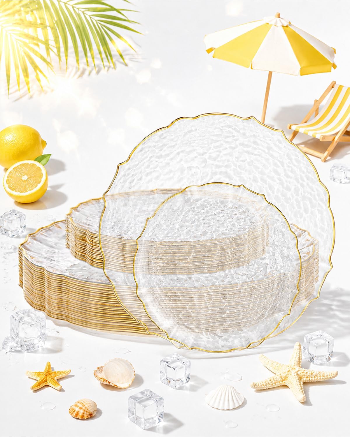bUCLA 40PCS Clear and Gold Plastic Plates - Fancy Lace-Edge Clear Plates with Gold Trim Hammered Disposable - Include 20 Each(Dinner&Dessert) for Party & Wedding