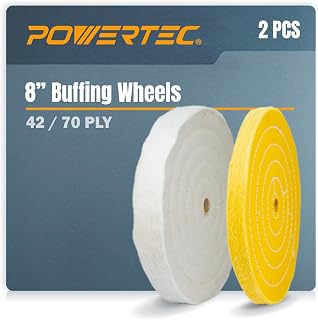 POWERTEC 2 Pack Polishing Wheels, 8 Inch Buffing Wheels, White Cotton (70 ply) and Yellow Cotton (42 ply), 5/8 inch Arbor Hole, Fits Bench Buffer and Jewelry Polisher, For Metal, Wood and Jade (71645)