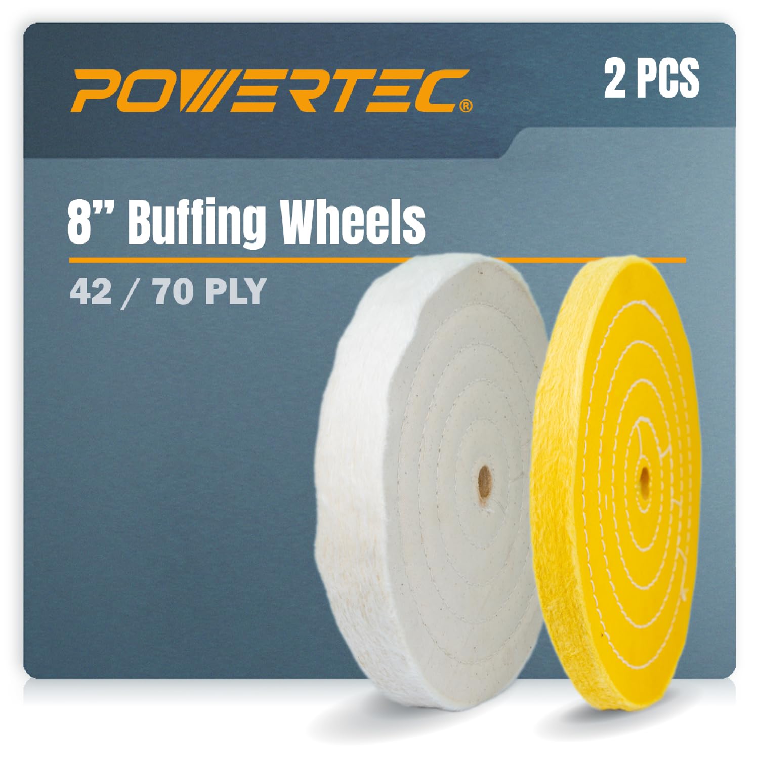 POWERTEC 2 Pack Polishing Wheels, 8 Inch Buffing Wheels, White Cotton (70 ply) and Yellow Cotton (42 ply), 5/8 inch Arbor Hole, Fits Bench Buffer and Jewelry Polisher, For Metal, Wood and Jade (71645)