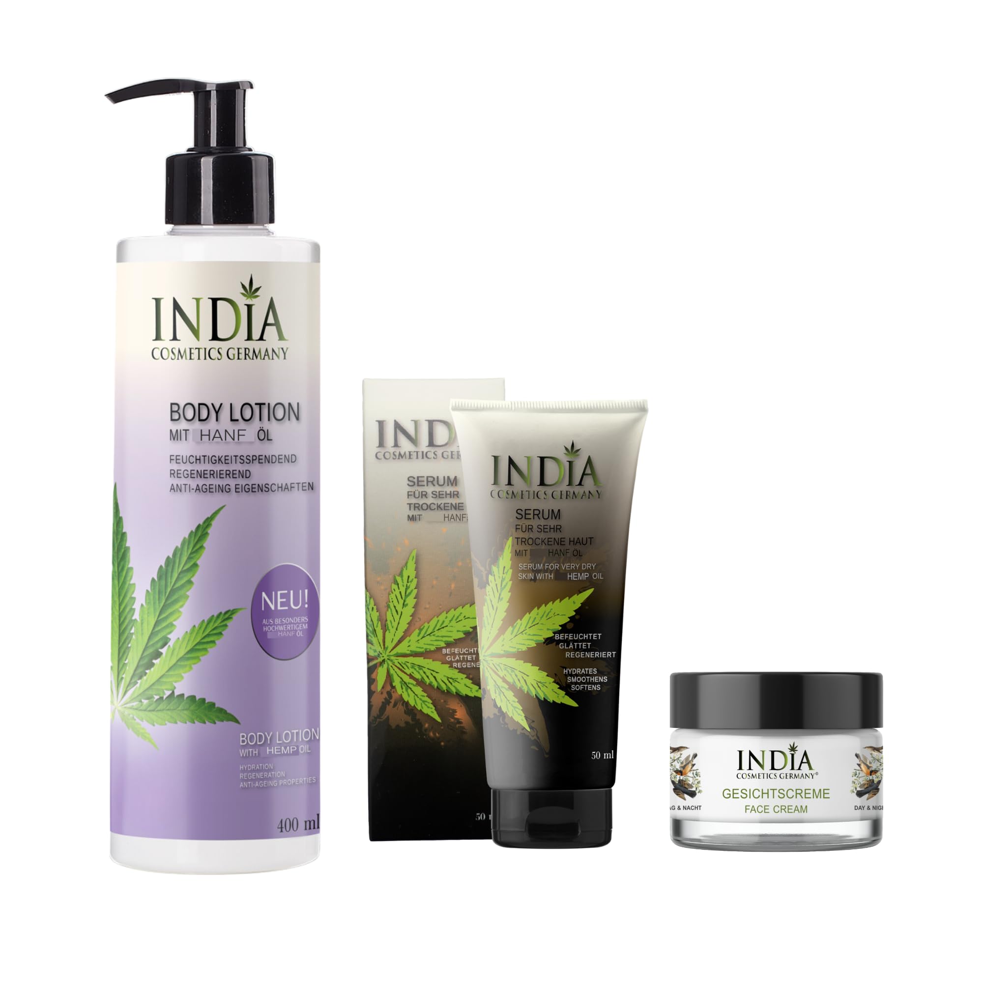 BODY CARE PFLEGESET mit Hanfsamenöl, Bodylotion ohne Parabene, inkl. Bodybalm, Gesichtscreme & Serum Hautcreme von INDIA COSMETICS GERMANY