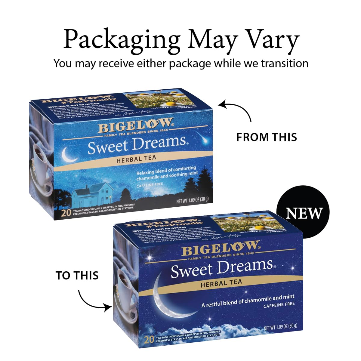 6 Pack Té Bigelow Sweet Dreams, Té Dulces Sueños, Mezcla de Manzanilla, Menta, Hojas de Rosas, Hierbabuena, Especias y Flores de Azhar.