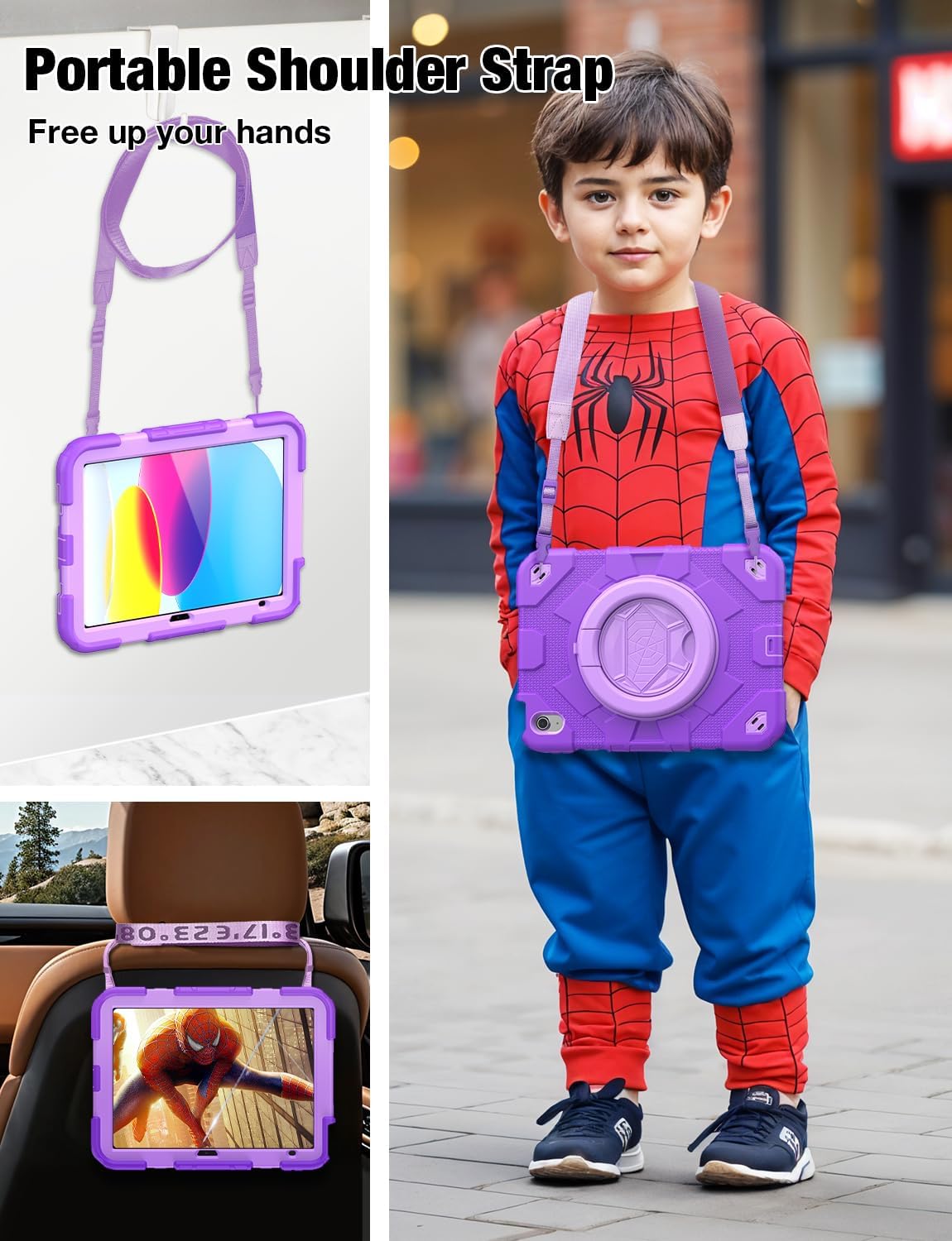 SCSVPN Kids Case for iPad (A16) 11th Generation 11 inch 2025/iPad 10th Generation 10.9'' 2022, Shockproof Rugged Cover with Pencil Holder, 360° Rotate Stand & Foldable Handle, Shoulder Strap, Purple