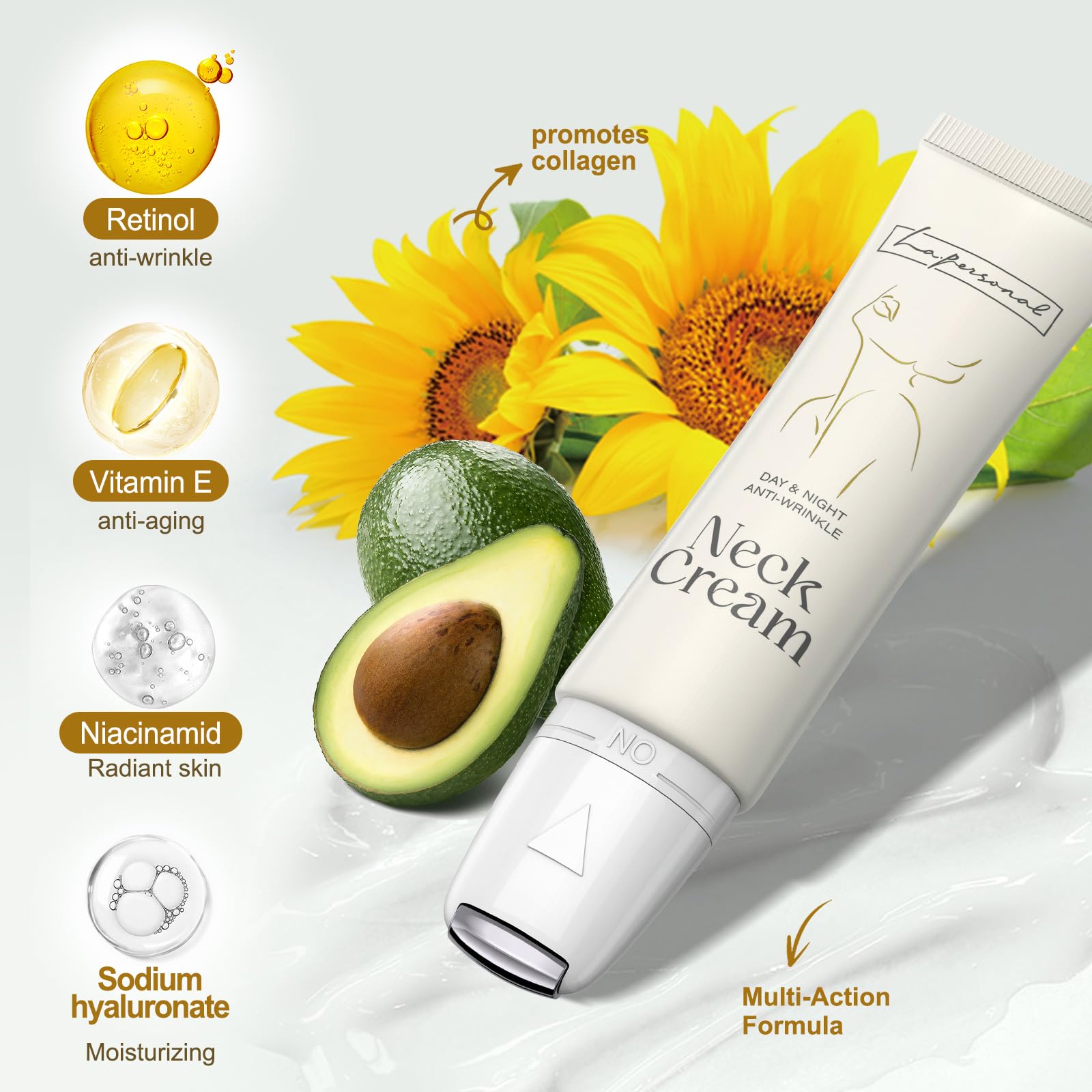 LA.PERSONAL Hals und Dekolleté Creme Natürlich Neck Firming Cream mit Lift Cooling Rolle, Neck Halscreme Straffend, Straffung und Lifting Nackencreme, Glättet Falten, Strafft und Hebt die Haut, 60ml