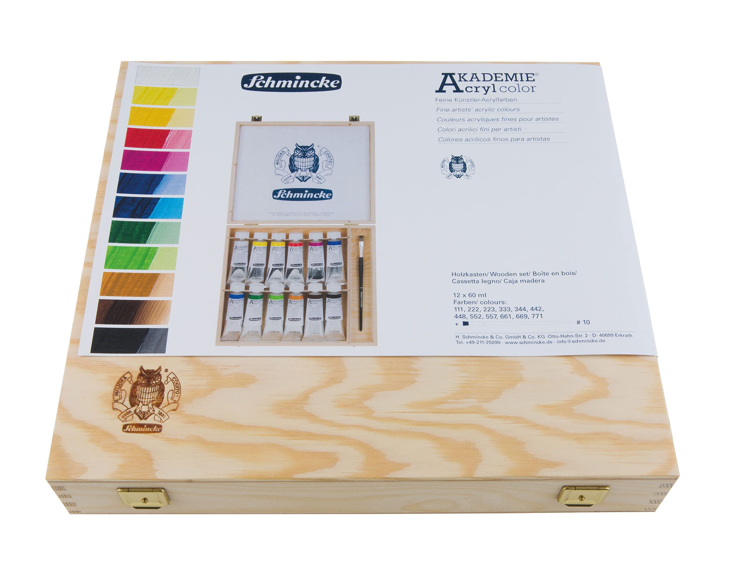 Schmincke AKADEMIE® Akrylowy kolor, 12 tubek o pojemności 60 ml, 76 014 097, 12 wspaniałych, bardzo trwałych kolorów w drewnianym pudełku, 1 pędzel daVinci, akryle artystyczne, bez kadmu, idealny do