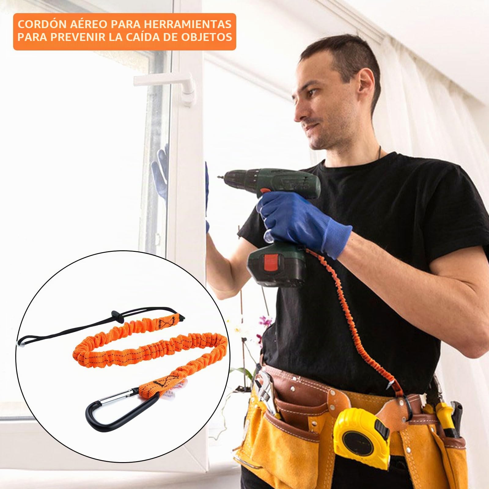 Cordón Retráctil para Herramientas 3 Piezas con Mosquetón para Construcción y Alpinismo Naranja