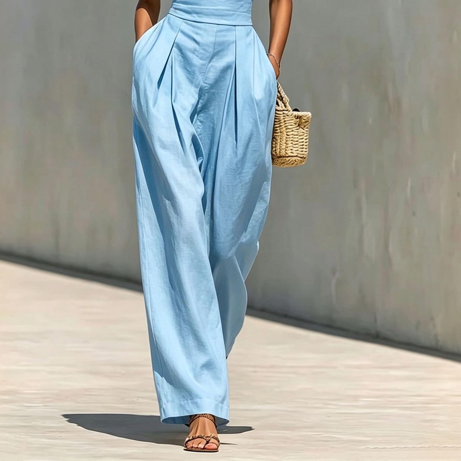Generisch Tuta da donna elegante, estiva, senza maniche, per il lavoro | Tuta con pantaloni con tasche, tinta unita, colletto alto, tuta intera, a vita alta, a gamba larga, per matrimoni e feste