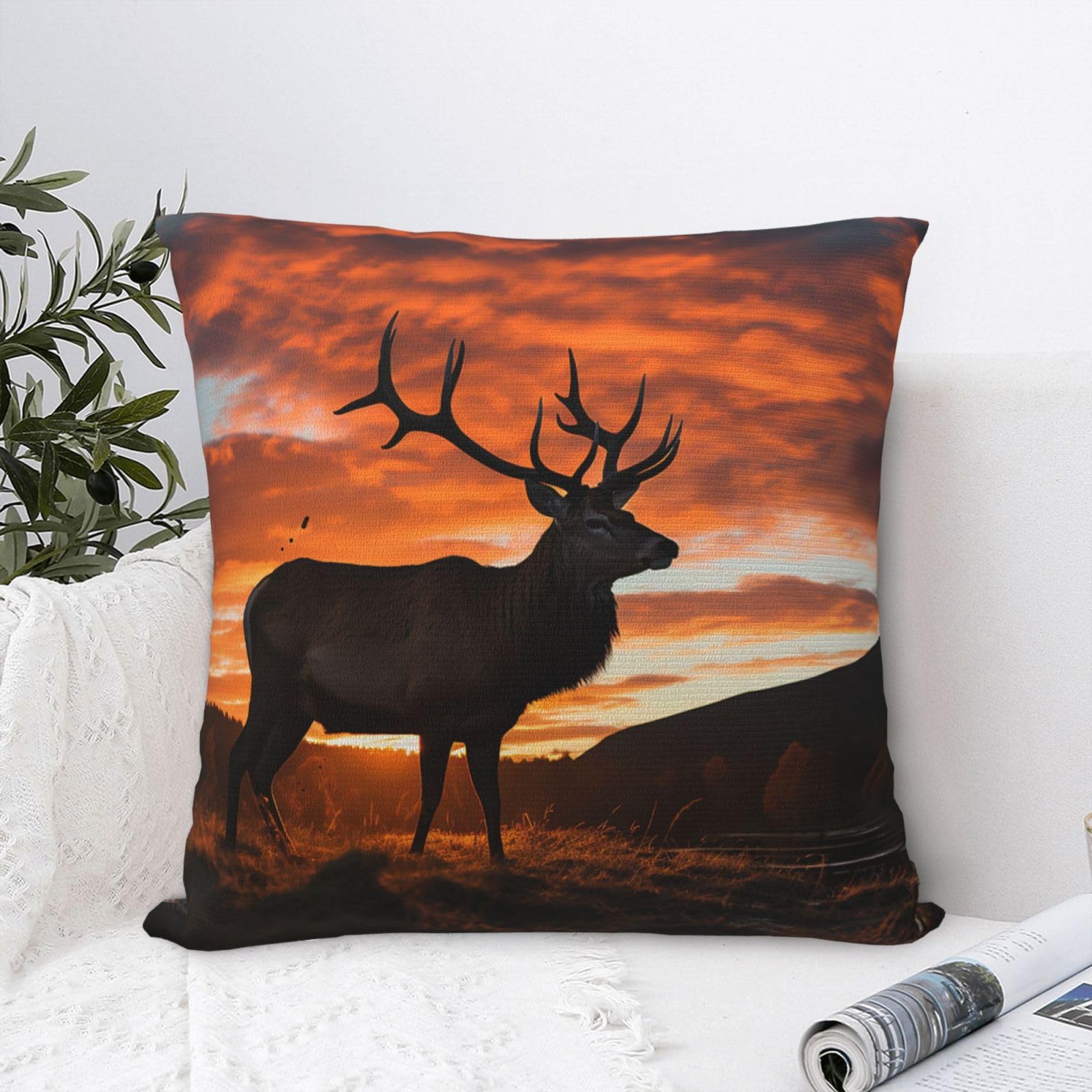 FodPand Luxury Velvet Throw Pillow Covers 24"x24" Super Soft Decorative Pillow Cases - Red Deer Bull Elk Sunset Pillowcases Modern Lumbar Cushion Cases for Couch Sofa Bed Pillow Shams