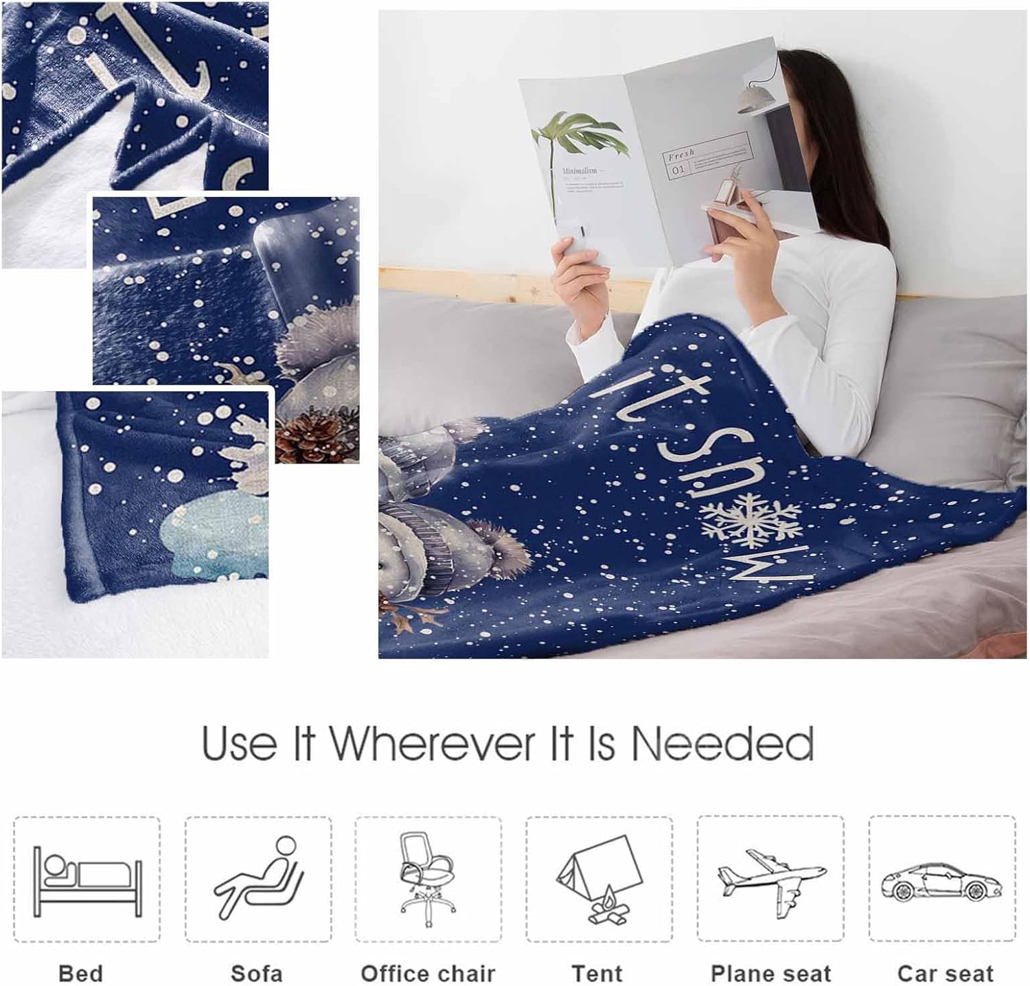 Navy Blue Snowman Christmas Throw Blanket Flannel Fleece, Winter Snowflake Soft Plush Cozy Baby Blankets, Xmas Blankets Throws Warn Fuzzy Blanket for Couch/Sofa/Travel Christmas Decorations 50"x60"