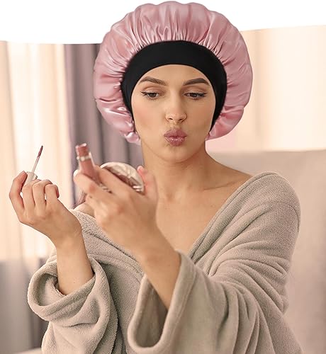 Vista 19 de Hat Hut Gorro de satén de seda para dormir para mujer, gorro de pelo para cabello rizado, banda ancha ajustable, doble capa Azul ceniza