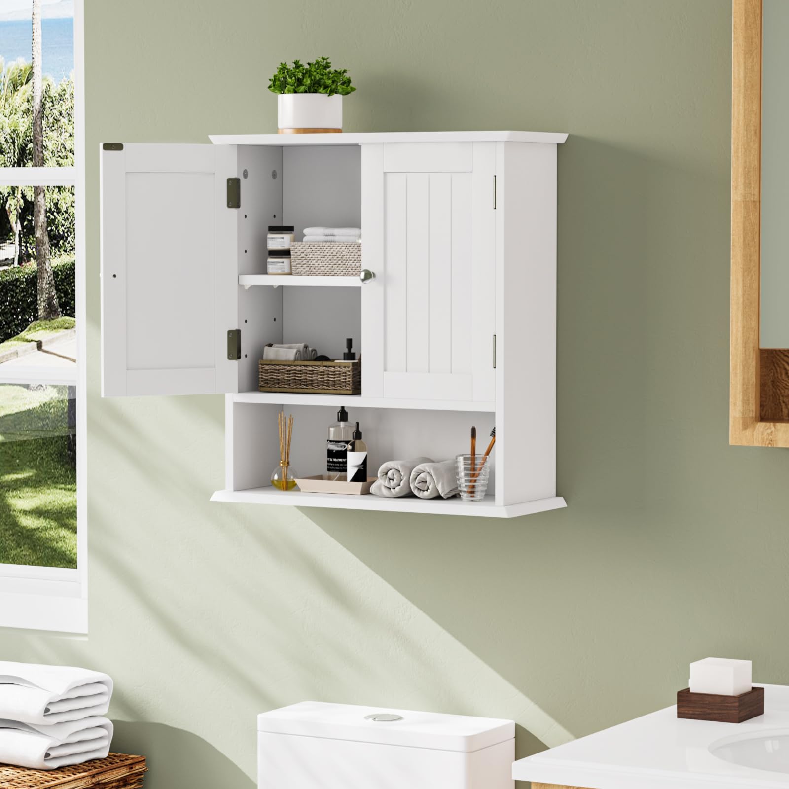 Smuxee Weißer Badezimmerkabinett Wandmontage mit 2 Türen & 5 verstellbaren Regalen, Medizinschrank für Engen Raum, Over-the-Toiletten-Schrank für Badezimmer/Waschküche/Küche